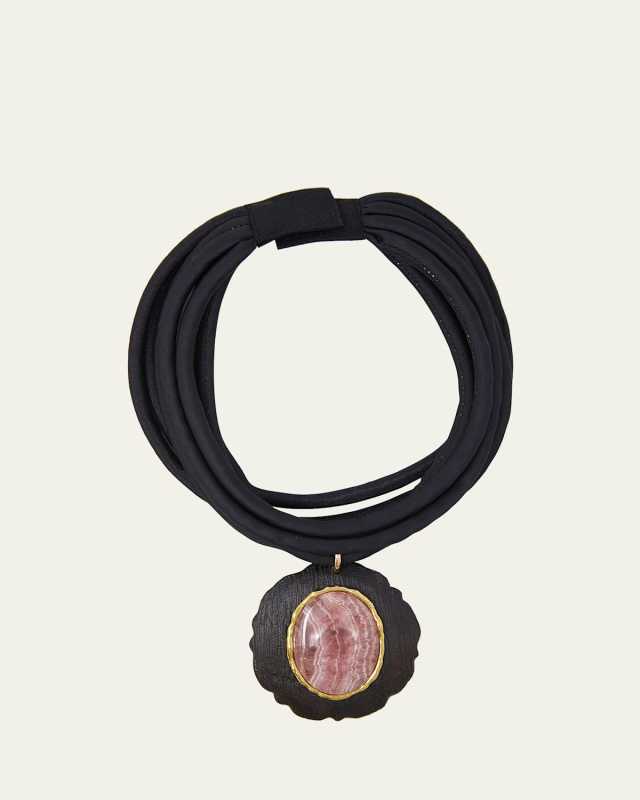 Ebony Wood and Rhodochrosite Pendant on Woven Silk Cord